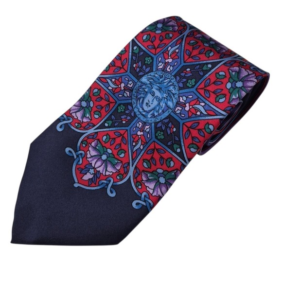 Gianni Versace Mens Tie Medusa Head Flowers Striped Colorful Silk Necktie Spain